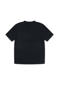 Camiseta negra de manga corta, dispuesta plana, mostrando la parte trasera lisa con cuello tipo Crew y sin logotipos ni diseños visibles.