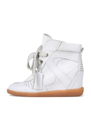 White high-top wedge sneaker with thick laces, perforated toe, gum sole, decorative stitching, and a small tag attached to the laces.