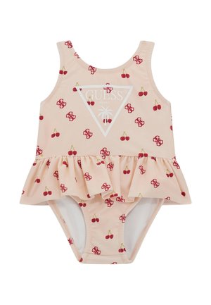 Costume da bagno rosa con parte inferiore a volant, caratterizzato da un motivo a ciliegie e un logo bianco centrale in design triangolare. Tessuto morbido ed elastico.