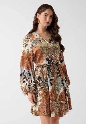 Donna che indossa un vestito a maniche lunghe con motivi misti animalier e paisley, stretto in vita da una cintura intrecciata.