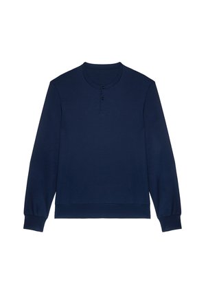 Haut henley à manches longues bleu marine en tissu doux, avec un col rond et une patte de boutonnage à deux boutons. Les poignets et l'ourlet sont côtelés.