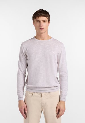 Młody mężczyzna stojący przodem, ubrany w jasnoszary sweter z długim rękawem i beżowe spodnie na jednolitym białym tle.