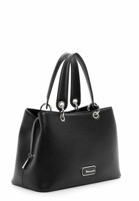 Sac à main en cuir noir avec doubles poignées, fermeture éclair argentée sur le côté et plaque de marque argentée sur le devant.