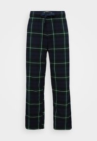 Tmavomodré flanelové pyžamo s kockovaným vzorom v zelenej a bielej farbe, s elastickým pásom a šnúrkou na stiahnutie.