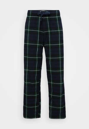 Flanell pysjamasbukser i mørk marineblå med et grønt og hvitt rutemønster, med elastisk midjebånd og snor.