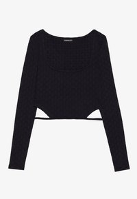 Svart långärmad crop top med en texturerad hexagonmönster, bred halsringning och urklippta sidodetaljer. Tillverkad av ett mjukt, elastiskt material.