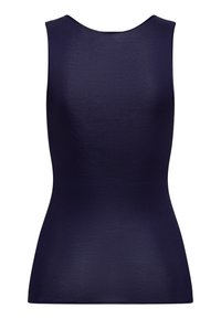 Top sin mangas de color navy con una textura suave, cuello redondo y forma ajustada, diseñado para un aspecto aerodinámico. Sin herrajes o acentos visibles.