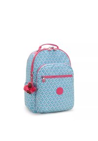 Zaino blu con dettagli rosa, caratterizzato da un design a motivi, tasca frontale con zip e un piccolo portachiavi a forma di animale peloso attaccato.