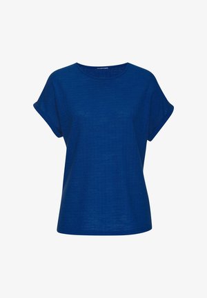 Blauwe T-shirt met korte mouwen en een ronde hals, ontspannen pasvorm, gemaakt van een textuurstof, met omgeslagen mouwen en een subtiele glans.