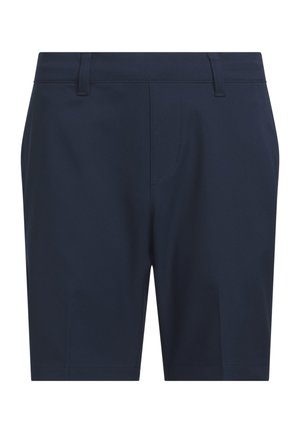 Marineblaue, maßgeschneiderte Shorts mit Gürtelschlaufen, Vordernahtdetail und knielanger Schnitt.