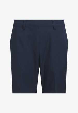 Marineblauwe, op maat gemaakte shorts met ceintuurlussen, voorsmalseamdetail en een knielange snit.