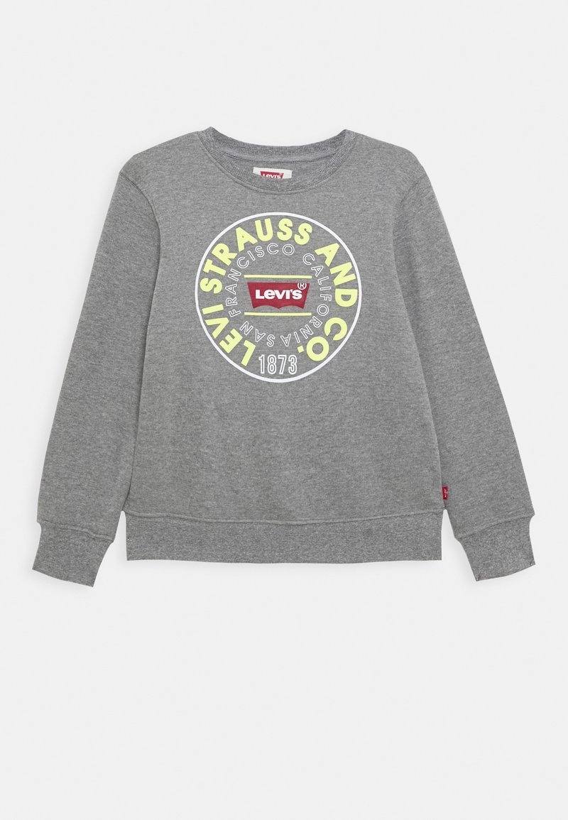 Sweat-shirt gris à manches longues et col rond avec le logo Levi's et un texte circulaire indiquant « LEVI STRAUSS AND CO SAN FRANCISCO CALIFORNIA 1873 » sur le devant.