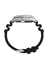 Silver stainless steel watch case with a wavy black silicone strap. Features a round dial, red accent button, and metal clasp.