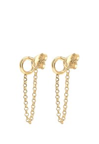 Cercei aurii cu un cerc circular decorat cu un accent floral și un lanț suspendat. Designul este elegant, având o finisare lustruită.