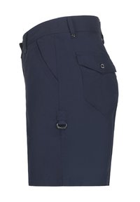 Marinblå shorts med slät front, sidofickor, bakficka och bältesslinga med en metallring för fäste. Slät yta.