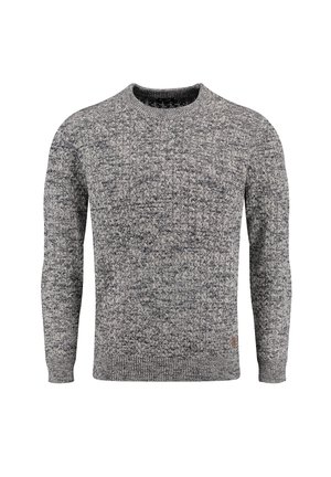 Szary i czarny dzianinowy sweter z okrągłym dekoltem, długimi rękawami oraz ściągaczami na mankietach i u dołu, przedstawiony na białym tle.