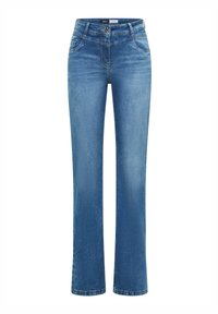 Jean en denim bleu à jambe droite avec poches avant et arrière, passants de ceinture et fermeture à bouton à la taille.