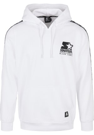 Weißer Hoodie mit Kapuze und Kordelzug, Kängurutasche sowie schwarzem Logo und Akzenten an den Ärmeln. Hergestellt aus weichem Stoff mit gerippten Bündchen.