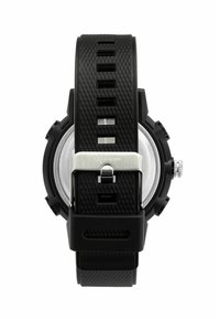 Black rubber watch with textured strap, featuring a stainless steel buckle, and round metallic back. Includes knobs on the side for adjustments.