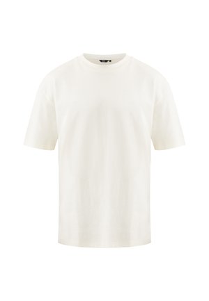 T-shirt bianca in cotone con maniche corte, scollatura rotonda e vestibilità comoda. Texture liscia, senza motivi, con caratteristiche di design minime.