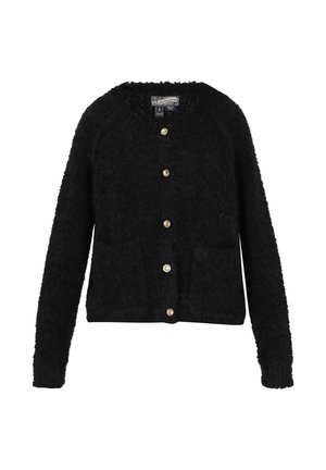 Zwarte cardigan van fluffy materiaal, met een ronde halslijn, lange mouwen, voorkruiszakken en gouden knopen aan de voorkant.