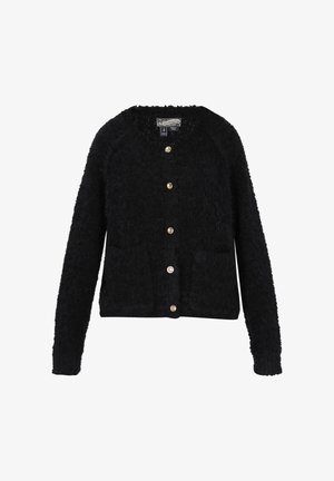 Cardigan negru din material pufoș, cu guler rotund, mâneci lungi, buzunare frontale și nasturi aurii pe față.