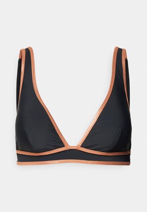 Svart triangulær bralette med metallisk roségullkant. Har brede stropper og en glatt tekstur, designet for komfort og støtte.