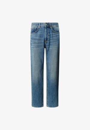 Light blue denim jeans with a straight cut, mid-rise waist, and five pockets. Features subtle fading and contrast stitching details.