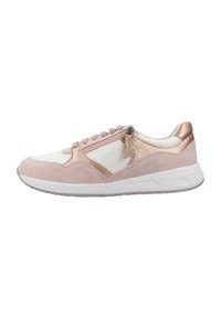 Baskets en daim rose clair, maille blanche et accents m�étalliques. Surface lisse, bout arrondi et lacées avec une fermeture éclair.