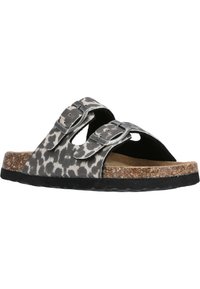 Kork-såls slide sandaler med ett svart och grått leopardmönstrat ovan, med två justerbara metallspännen och en texturerad innersula.