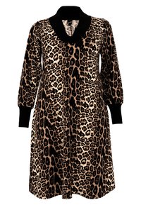 Kleid im Leopardenmuster aus weichem Stoff, mit schwarzem Kragen und langen Ärmeln mit enganliegenden Bündchen. Knielanger Schnitt mit lockerer Passform.