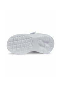 White sneaker sole with textured pattern, rounded shape, and accents from the brand logo. Rubber material. Flat, cushioned design.
