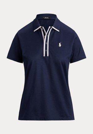 Tengerészkék rövid ujjú póló fehér szegéllyel a galléron és a gombos részén, a mellrészen fehér hímzett póló játékos logóval.