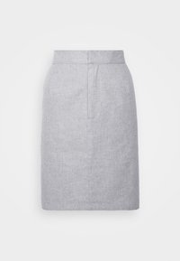 Jupe en lin gris avec une coupe droite, fermeture éclair, et texture subtile, taille mi-haute et sans motifs ni accents visibles.