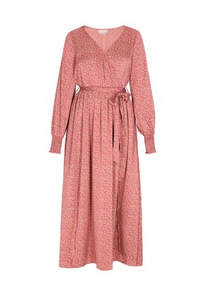 Vestido de manga larga con escote en V en tejido rosa con estampado floral, cintura ajustada y detalle de lazo. Falda fluida que llega a media pantorrilla.