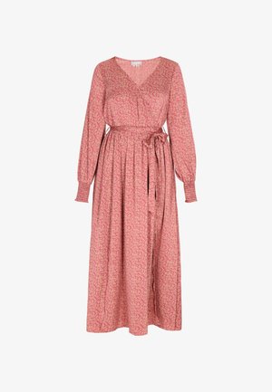 Vestido de manga larga con escote en V en tejido rosa con estampado floral, cintura ajustada y detalle de lazo. Falda fluida que llega a media pantorrilla.