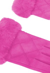 Guanti rosa con polsini in pelliccia sintetica, caratterizzati da una texture trapuntata sul palmo e una finitura liscia sulle dita. Accenti in colori vivaci.