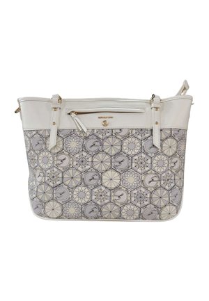 White and gray tote bag with geometric hexagon patterns, two shoulder straps, front zip pocket, and gold-tone brand logo and accents.