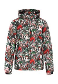 Kleurrijke jas met een tropisch patroon van rode flamingo's, groene bladeren en zwarte strepen. Inclusief een capuchon en ritssluiting.