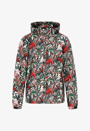 Bunte Jacke mit einem tropischen Muster aus roten Flamingos, grünen Blättern und schwarzen Streifen. Mit Kapuze und Reißverschluss.