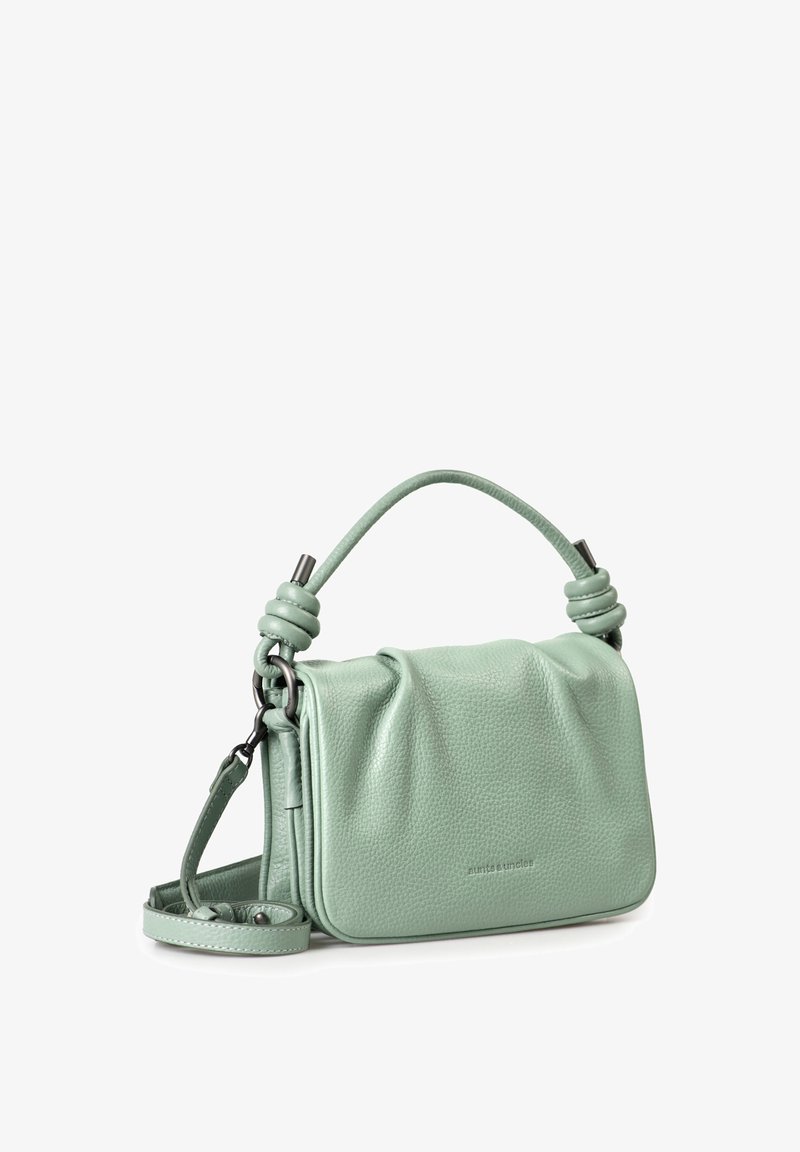 Mint green leather handbag, soft texture, rectangular shape, knotted strap details, adjustable shoulder strap, minimalistic branding on front.