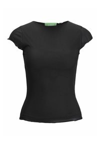 Top nero a maniche corte con scollo rotondo, realizzato in tessuto a costine. Presenta un'etichetta verde nel colletto e una silhouette aderente.