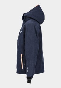 Dunkelblaue Jacke aus strukturiertem Stoff, verstellbare Kapuze und orangefarbener Reißverschluss-Hebel. Mit Seitentaschen und Handgelenkabschlüssen mit Klettverschluss.