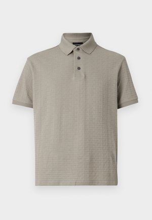 Světlé šedé polotriko z texturované látky s límečkem, zapínáním na tři knoflíky a jemným vyraženým vzorem loga.