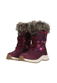 Midden-kalf sneeuwlaarzen met een bordeauxrode buitenkant, nepbont afwerking en een multicolore sterrenstelselprint. Rubberen zool biedt grip.