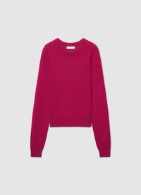 Fuchsia knit sweater with long sleeves, crew neck, and a cropped hem. Ribbed cuffs and hem. Soft texture, minimalistic design.