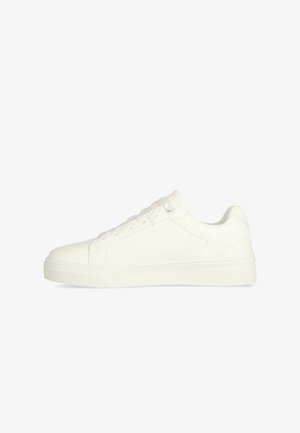 Weiße Sneaker aus glattem, synthetischem Material, mit runder Zehenpartie, Schnürdesign und rutschfester Gummisohle für Grip und Langlebigkeit.