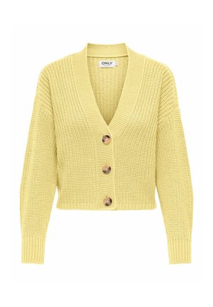 Knitted cardigan in light yellow, featuring a V-neck, three large buttons, and ribbed cuffs. Cropped length with textured fabric.