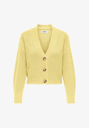 Gebreid vest in lichtgeel, met een V-hals, drie grote knopen en geribde manchetten. Korte lengte met structuurstof.