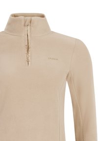 Beige fleece pullover med en kvart lynlås og høj krave, med "protest" logo broderet og trykt på forsiden.